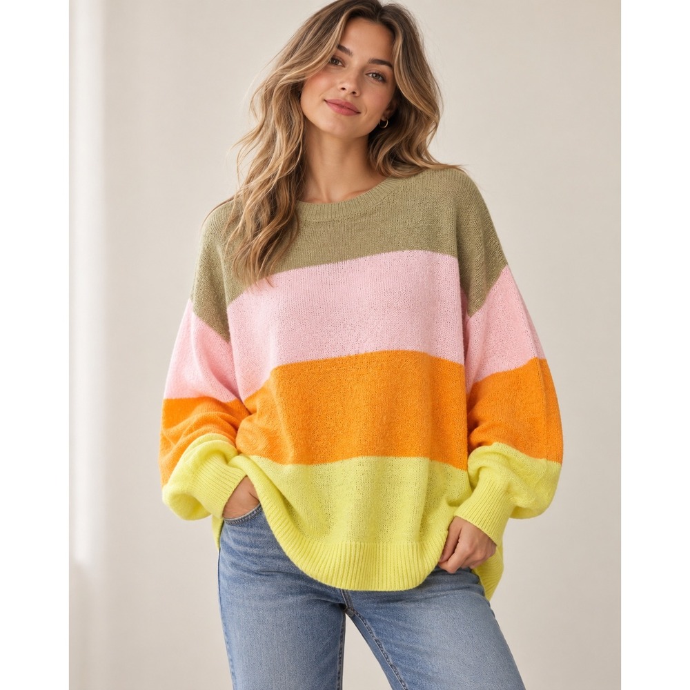 Mud Pie Striped Colorblock Sweater Womens One Size Multi Knit Oversized Boho